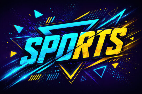 Sports word design with neon blue and yellow geometric shapes