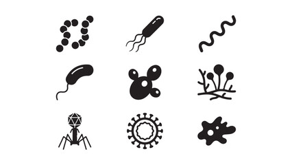 Fototapeta premium Microbiology and Virology Icon Set Solid Black Silhouettes of Bacteria and Viruses