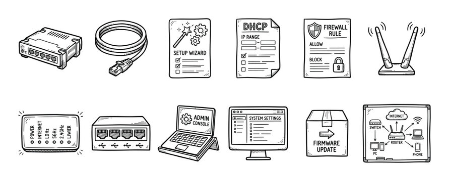 Hand-drawn set of computer networking icons featuring a router, switch, ethernet cable, firewall rule, and admin console in a black and white doodle style for IT administration