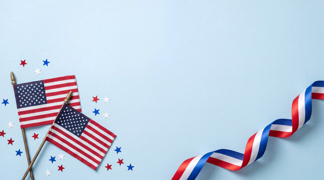 Patriotic background featuring two small American flags, scattered confetti stars, and a decorative red, white, and blue ribbon on a light blue surface.