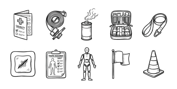 Hand-drawn icon set of emergency medical equipment including a first aid kit, tourniquet, casualty tag, and trauma assessment sheet in a simple black and white line art style