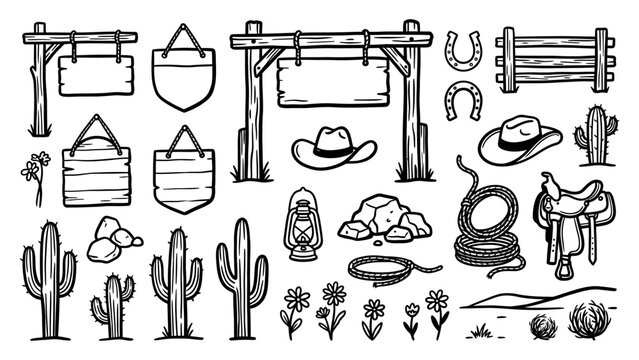 Wild west cowboy doodle vector set with cactus wooden signs saddle lasso and horseshoe line art illustrations
