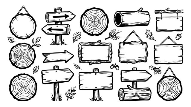 Hand drawn wooden signs and tree log cross sections vector set with rustic pointers and boards for outdoor and nature design elements