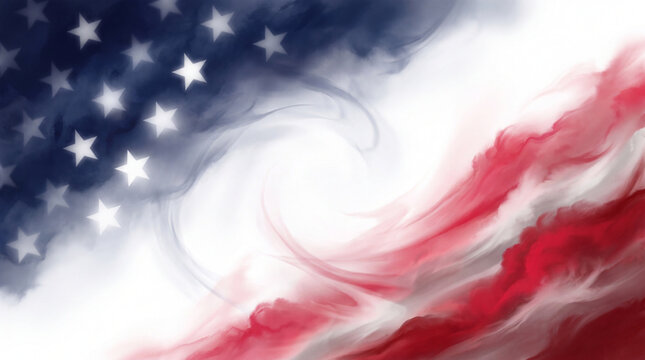 An artistic, abstract representation of the American flag featuring soft, flowing red and white smoke with white stars against a deep blue background.