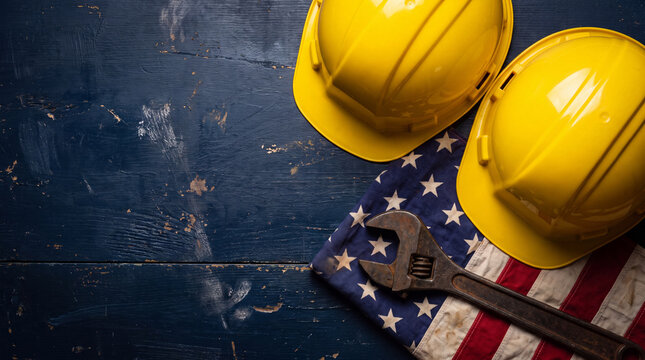 Top view of two yellow construction hard hats and a vintage rusty adjustable wrench resting on a weathered American flag over a dark distressed wooden table.