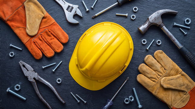 Top view of a yellow hard hat, work gloves, and various metal hand tools arranged on a dark slate texture background, symbolizing labor and construction.