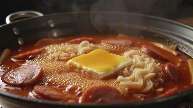 Korean army stew in a black pan, featuring bright red bubbling broth, sliced sausage, instant noodles, and a square of yellow cheese melting on top.