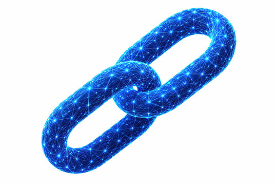 Sparkling blue metal chain link isolated on white background