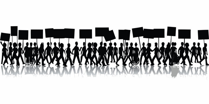 Protest March Silhouette Vector Illustration With Reflective Ground And Raised Signs