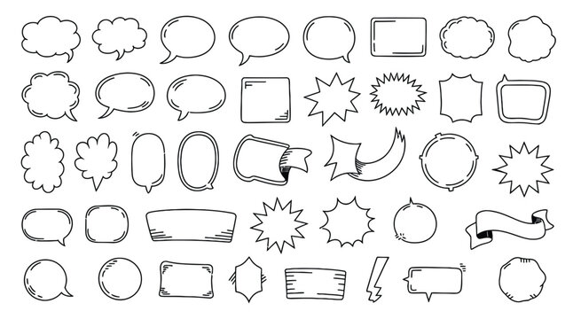 Assorted comic speech bubbles and thought clouds in hand drawn style isolated on white background for creative design conversation chat graphic elements or dialogue box sticker set.