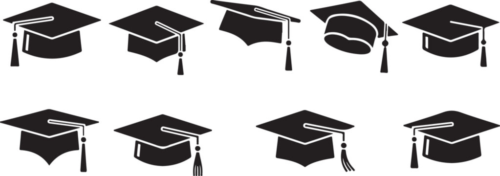 Graduation cap icons, black mortarboard set, 9 academic hat vectors