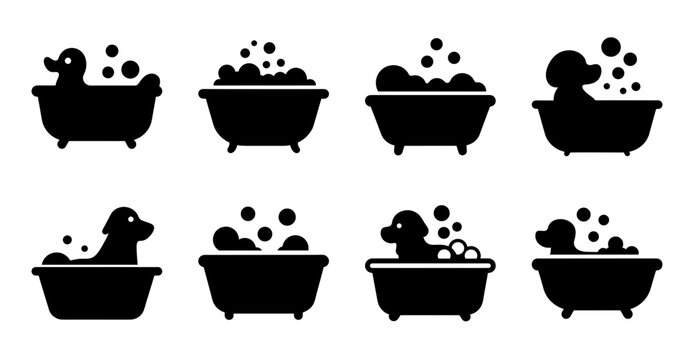 Black and white dog bathing in tub icons - Set of playful black and white icons showing dogs enjoying bath time in tubs with bubbles and water splashes.