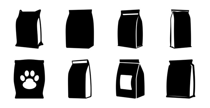 Black dog food bags and pet icon collection - Minimalist black silhouette icons of dog food bags and a paw print for pet-related designs and branding.