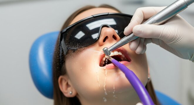 Close-up of a patient wearing protective eyewear receiving dental treatment with a drill and suction