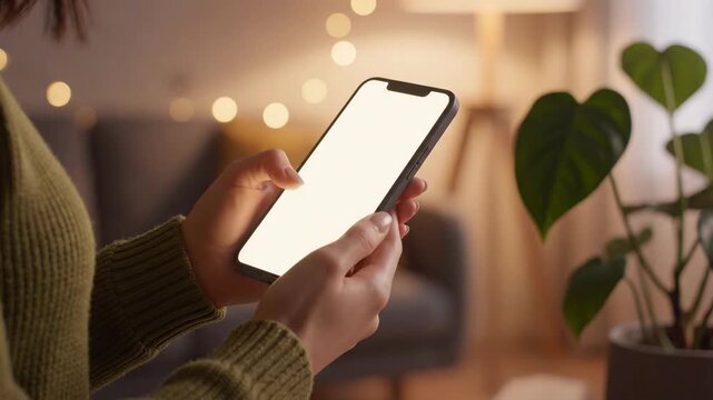 Person holding a smartphone with a blank screen in a cozy room.