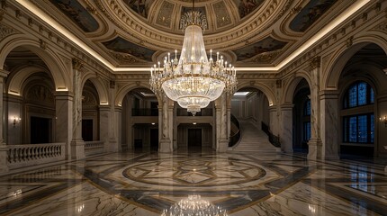Obraz premium Grand Opulent Interior Hallway With Elegant Chandelier Lighting