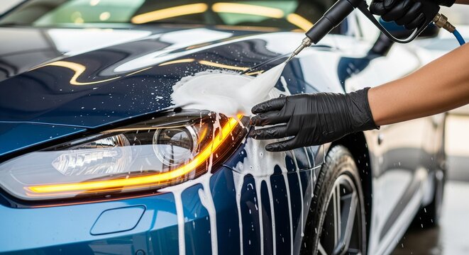 Close-up of a person in black gloves washing a blue car with foam and a high-pressure sprayer