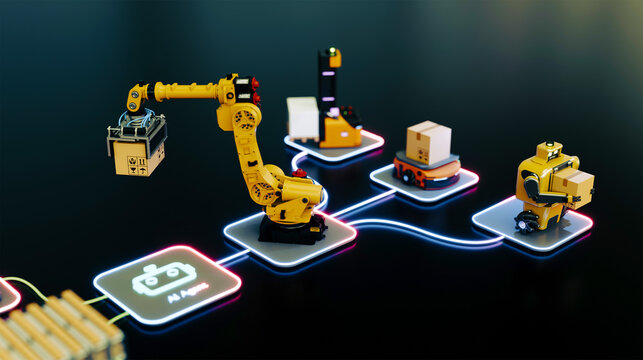 Industrial robotic arm sorting parcels in automated smart warehouse with glowing digital paths and ai agents.