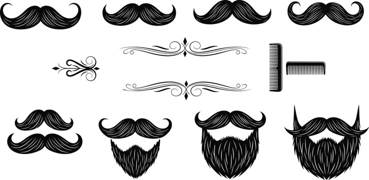 Collection of black mustache and beard vector icons with decorative flourishes and grooming combs