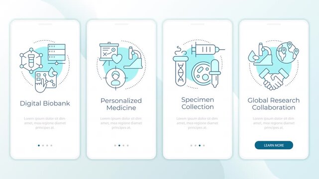 Precision medicine workflow integration animated onboarding mobile app screens. Biomedical data tracking. UI layout animation with cyan line concept icons. Modern flat interface style motion graphics