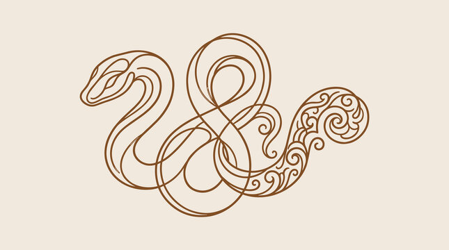Minimalist brown line art illustration of a Chinese zodiac snake silhouette featuring elegant swirling patterns and filigree details on a neutral beige background.
