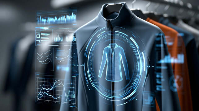 Futuristic holographic interface for online shopping featuring 3D product display and data analytics, high-tech retail UI concept, with copy space