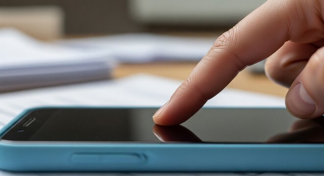 Close-up of a person's finger touching the screen of a smartphone with a blue case on a desk