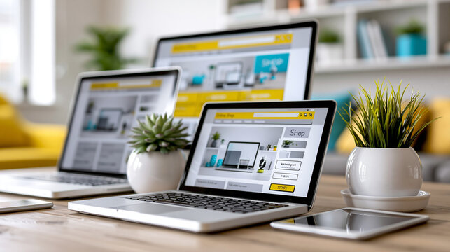 Multiple devices displayed on a workspace showing a responsive online shop website design, e-commerce web development concept, with copy space