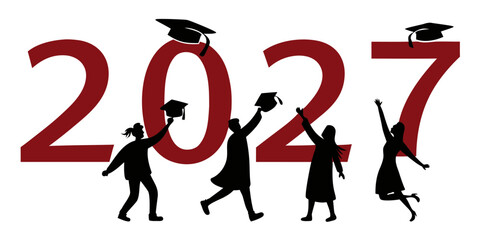 Graduates in cap and gown celebrating with fists raised, year 2027 concept celebration