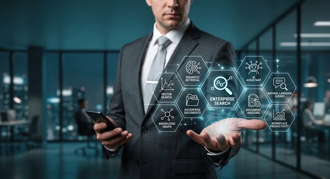 Corporate executive displaying a holographic enterprise search and semantic retrieval AI assistant dashboard