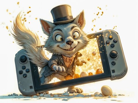 Cartoon wolf emerging from handheld gaming console illustration.
