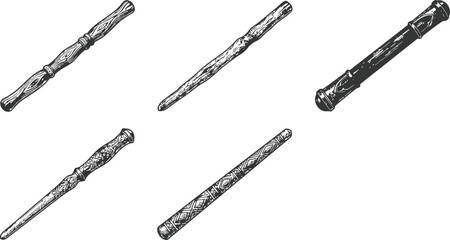 Five wooden magic wands presented in a flat lay with a clean white background during a studio shoot © Mahi Fattah