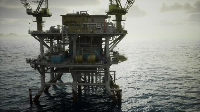 Offshore oil rig bathed in golden light at sunrise with cranes and sun glare over calm sea. Warm atmosphere highlights steel framework, deck details and distant