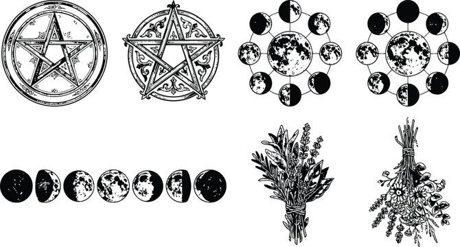 Esoteric symbols and lunar phases with botanical elements in a graphic illustration style