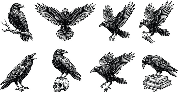 Set of vintage black and white engraved illustrations of ravens and crows in various poses