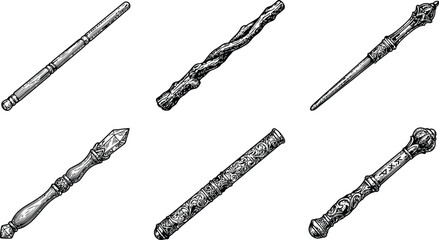 Six intricately designed magic wands laid out in a grid against a clean white background with detailed textures and ornate carvings © Mahi Fattah