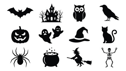Obraz premium Set of twelve black silhouette icons representing traditional halloween themed characters