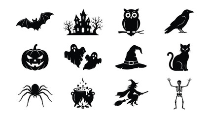 Obraz premium Set of twelve black silhouette icons representing traditional spooky halloween symbols