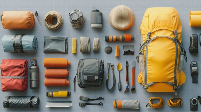 Camping equipment including a large yellow backpack and various hiking tools are arranged in an organized grid pattern on a neutral background, representing preparation for an outdoor expedition.