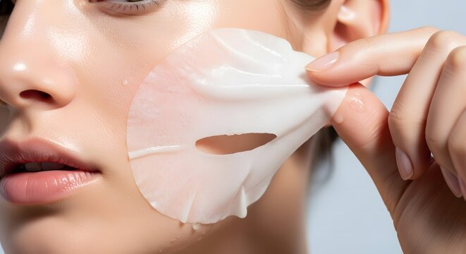 A close-up view of a young woman gently removing a sheet mask from her cheek.