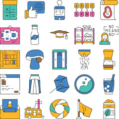 Diverse collection of outline icons illustrating a wide range of concepts including lifestyle, technology, education, social issues, kitchen, food, business, and finance themes