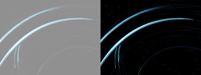 Abstract glowing blue orbital arc lines split on grey and black background. Futuristic planetary rings backdrop. Minimalist cyan space orbit streaks banner © Olga