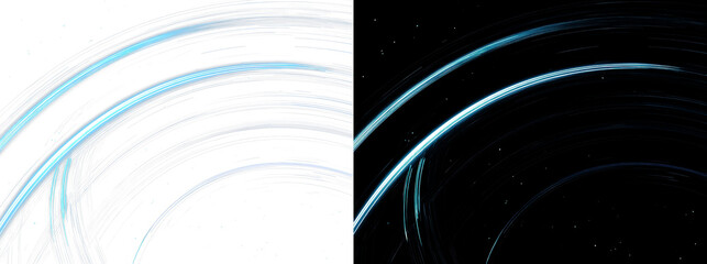 Abstract glowing blue orbital arc lines split on white and black background. Futuristic planetary rings backdrop. Minimalist cyan space orbit streaks banner © Olga
