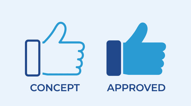 Vector illustration showing the progression from an initial design concept to final approval with thumbs up symbols