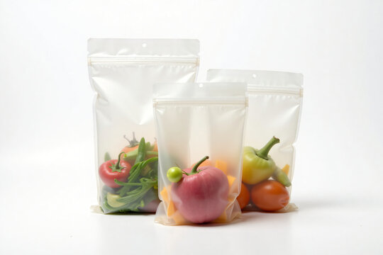 Fresh organic vegetables packed in resealable clear plastic bags with sealed tops for storage and preservation on white background healthy food concept