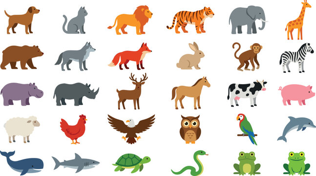 Wild and Domestic Animal Icon Set with Dog, Lion, Tiger, Elephant, Bear, Fox, Deer, Cow, Owl, and Sea Life Designs