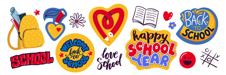 Fototapeta premium Collection of colorful hand drawn back to school stickers, lettering, backpack, books, pencils, hearts, and playful icons. Modern vector set with educational elements for planners, classroom decor