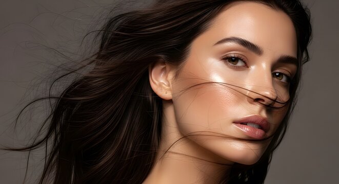 Stunning close-up portrait of a woman with dark flowing hair and dewy skin.