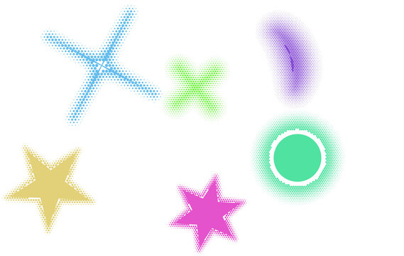 Colorful graphic design elements featuring halftone stars and circles halftone colorful abstract