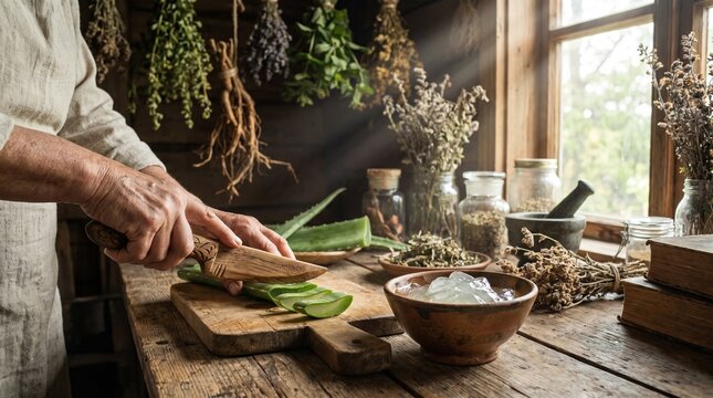 Preparing Natural Aloe Vera Gel on Rustic Wooden Board